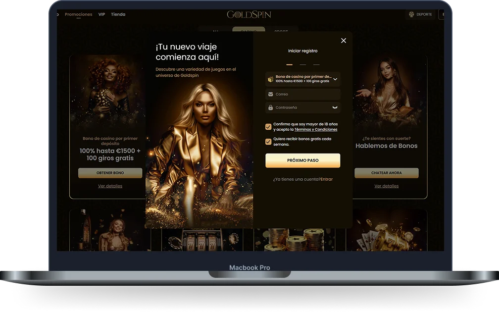 Proceso de registro en GoldSpin Casino con formulario para crear una cuenta y seleccionar el bono de bienvenida del 100% hasta 1.500 € más 100 giros gratis