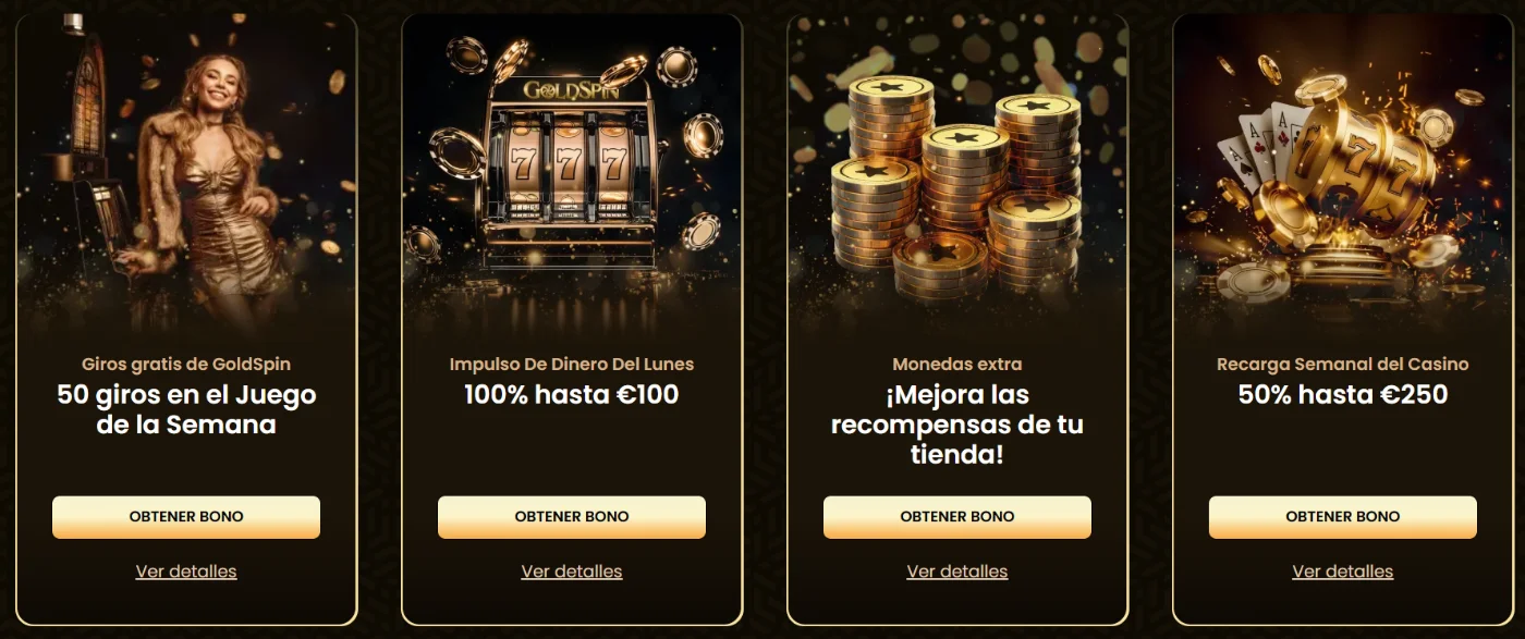 Promociones de GoldSpin Casino con 50 giros gratis en el juego de la semana, bono del lunes del 100% hasta 100 €, monedas extra y recarga semanal del 50% hasta 250 €