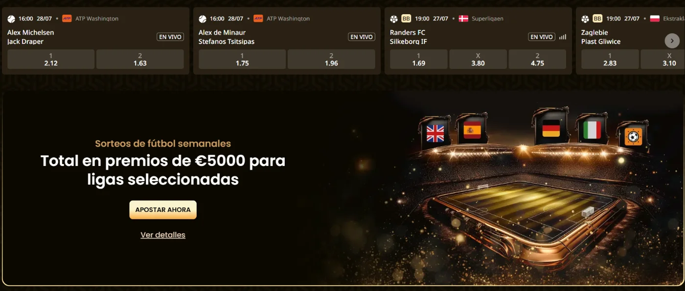 Sección de apuestas deportivas de GoldSpin Casino con partidos de tenis y fútbol, cuotas en vivo y sorteos semanales con 5.000 € en premios para ligas seleccionadas