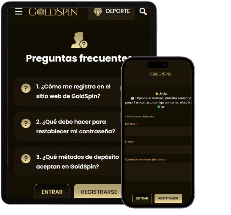 Sección de preguntas frecuentes y soporte de GoldSpin Casino en dispositivos móviles, con información sobre registro, contraseña, depósitos y formulario de contacto