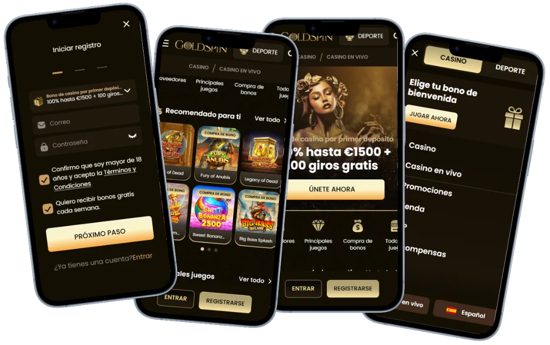 Versión móvil de GoldSpin Casino con formulario de registro, selección de slots, bono de bienvenida, casino en vivo y menú de navegación